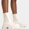Edgy Cream Pu Elasticated Ankle Rounded Chunky Sole Ankle Boots
