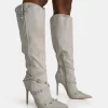 Worthy Aged Pu Studded Zip Detail Pointed Toe Stiletto Knee High Boots