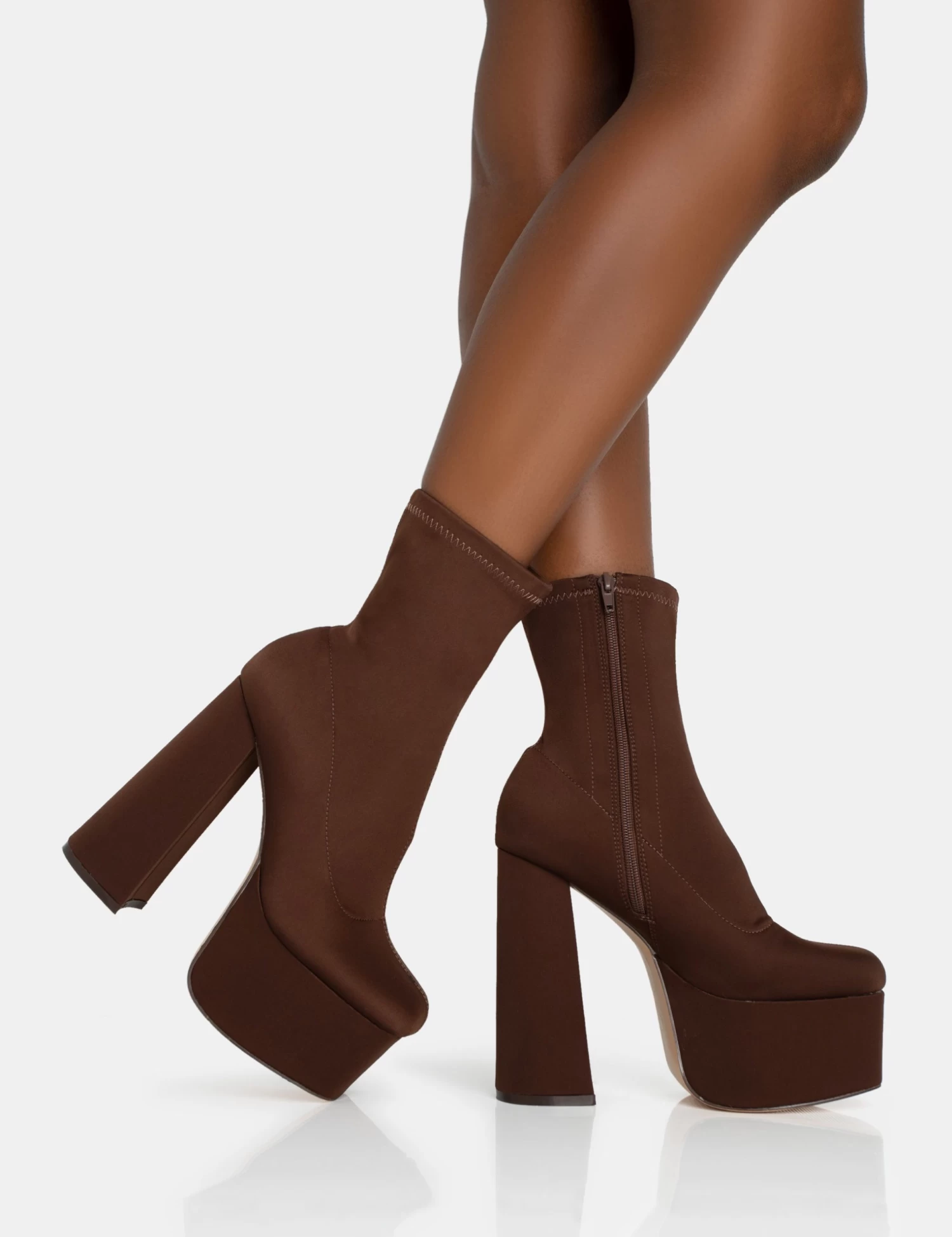 Dominate Chocolate Nylon Platform Rounded Square Toe Block Heeled Ankle Boots 2 Dominate Chocolate Nylon Platform Rounded Square Toe Block Heeled Ankle Boots - Image 2