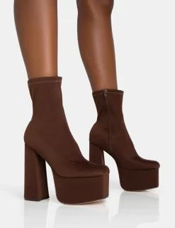 Dominate Chocolate Nylon Platform Rounded Square Toe Block Heeled Ankle Boots