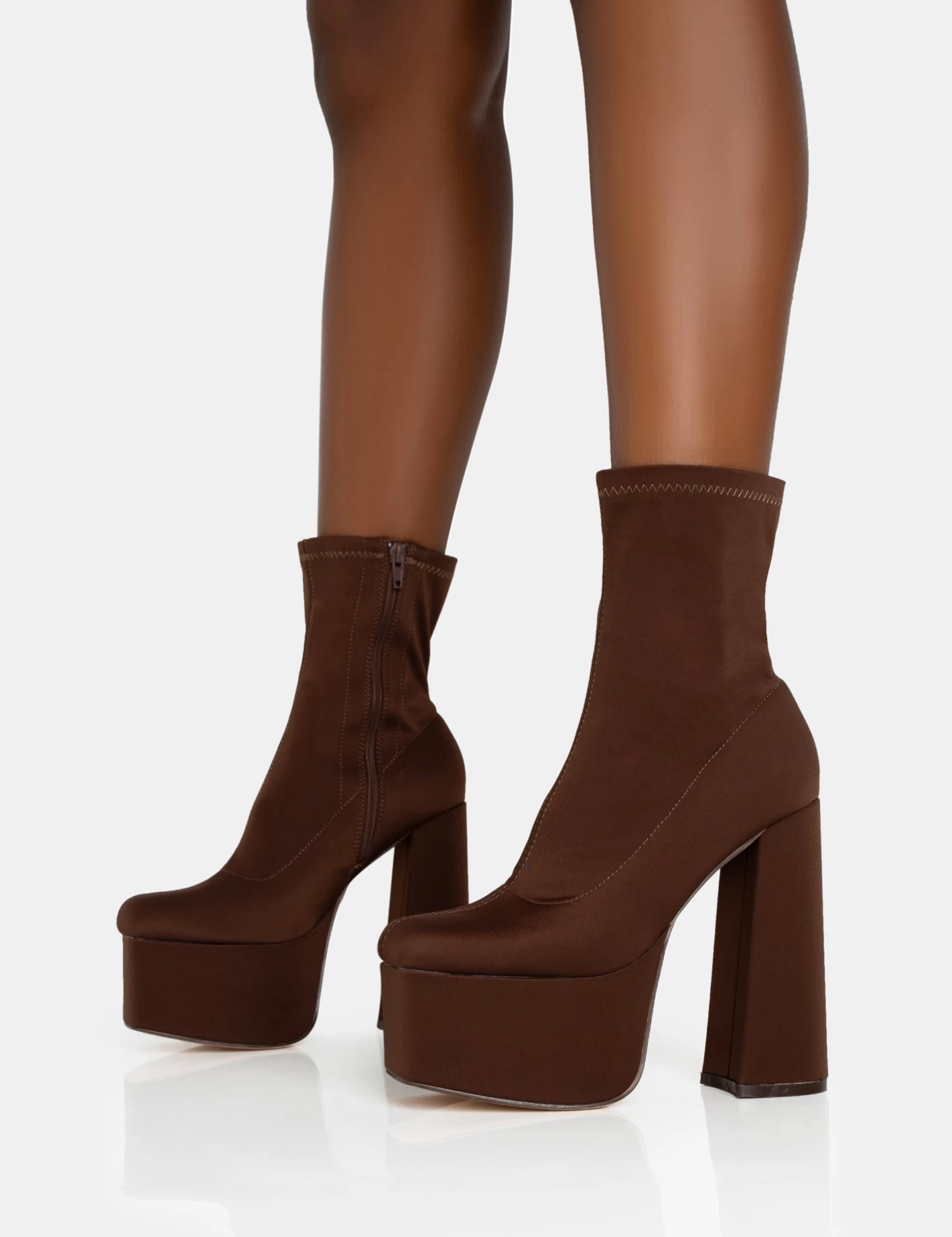 Dominate Chocolate Nylon Platform Rounded Square Toe Block Heeled Ankle Boots 3 Dominate Chocolate Nylon Platform Rounded Square Toe Block Heeled Ankle Boots - Image 3