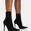 Mirival Black Knitted Stiletto Sock Pointed Toe Ankle Boots