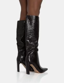 Undone Brown Patent Croc Knee High Zip Up Pointed Toe Thin Block Heeled Boots -Chic Step Shop 771A5883 scaled