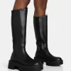 Evergreen Black Pu Knee High Elasticated Detail Chucky Heeled Sole Boots