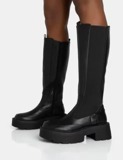 Evergreen Black Pu Knee High Elasticated Detail Chucky Heeled Sole Boots -Chic Step Shop 771A5896 scaled