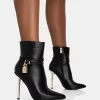Jalan Black Pu Padlock Pointed Toe Gold Stiletto Heel Ankle Boots