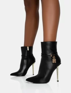 Jalan Black Pu Padlock Pointed Toe Gold Stiletto Heel Ankle Boots -Chic Step Shop 771A5900 scaled