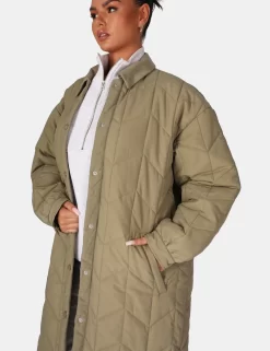 Chevron Quilted Longline Jacket Khaki -Chic Step Shop 771A5905