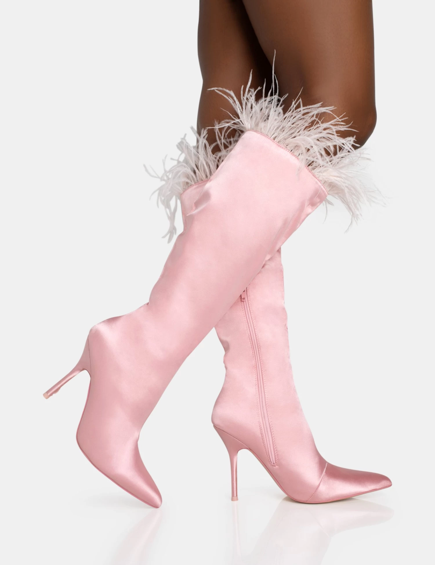 Baddie Baby Pink Satin Feather Pointed Toe Stiletto Knee High Boots 2 Baddie Baby Pink Satin Feather Pointed Toe Stiletto Knee High Boots - Image 2