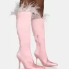 Baddie Baby Pink Satin Feather Pointed Toe Stiletto Knee High Boots