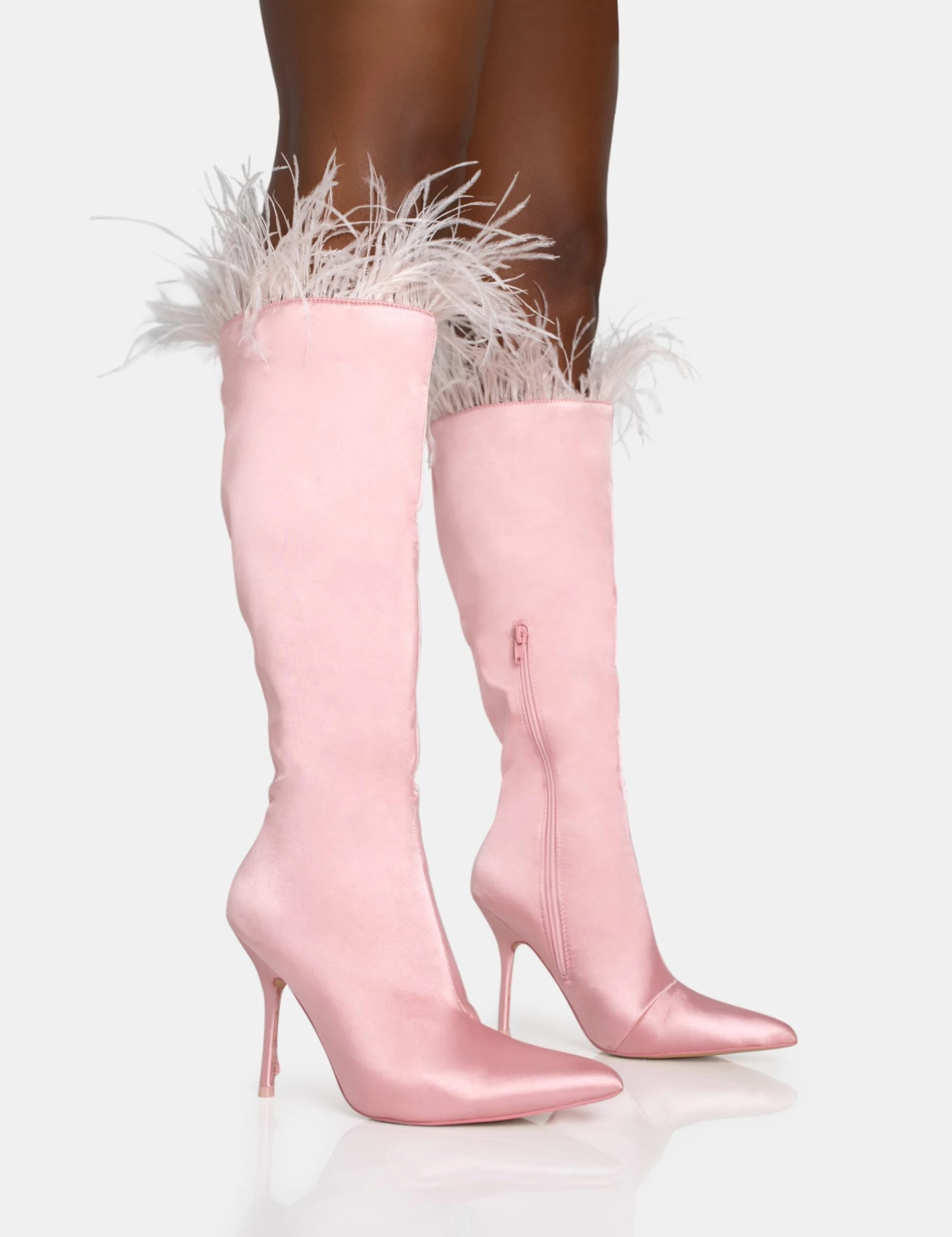 Baddie Baby Pink Satin Feather Pointed Toe Stiletto Knee High Boots 1 Baddie Baby Pink Satin Feather Pointed Toe Stiletto Knee High Boots