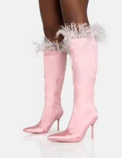 Baddie Baby Pink Satin Feather Pointed Toe Stiletto Knee High Boots 6 Baddie Baby Pink Satin Feather Pointed Toe Stiletto Knee High Boots -Chic Step Shop 771A5939 scaled