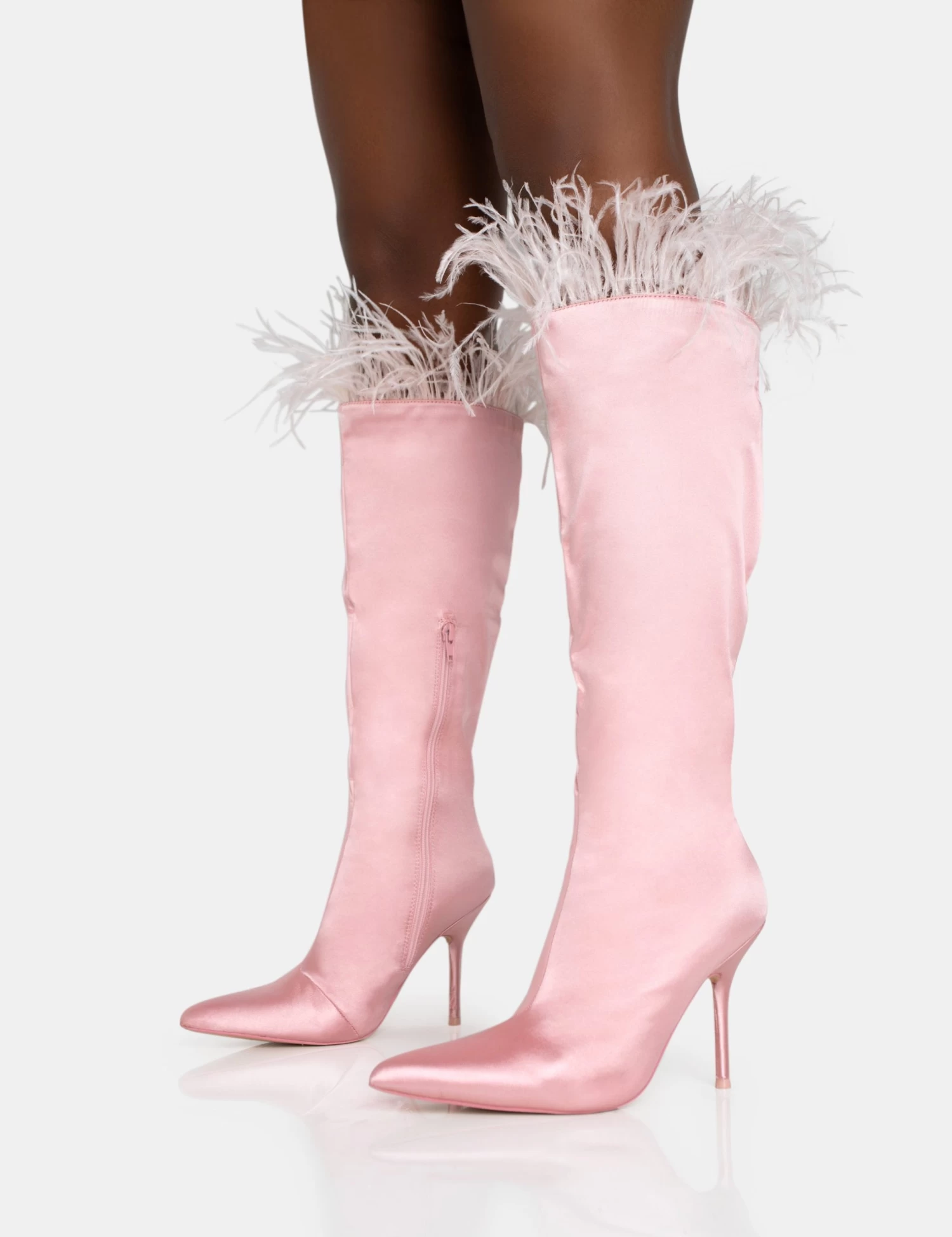Baddie Baby Pink Satin Feather Pointed Toe Stiletto Knee High Boots 3 Baddie Baby Pink Satin Feather Pointed Toe Stiletto Knee High Boots - Image 3