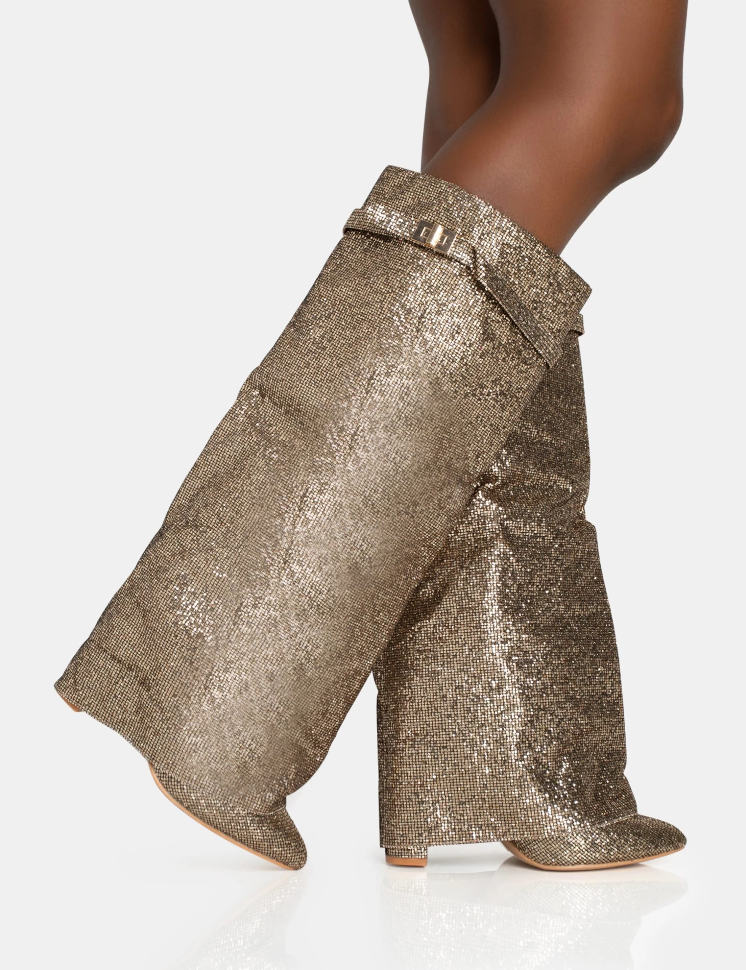 Echo Gold Glitter Twist Lock Detail Fold Over Pointed Toe Knee High Boots 1 Echo Gold Glitter Twist Lock Detail Fold Over Pointed Toe Knee High Boots