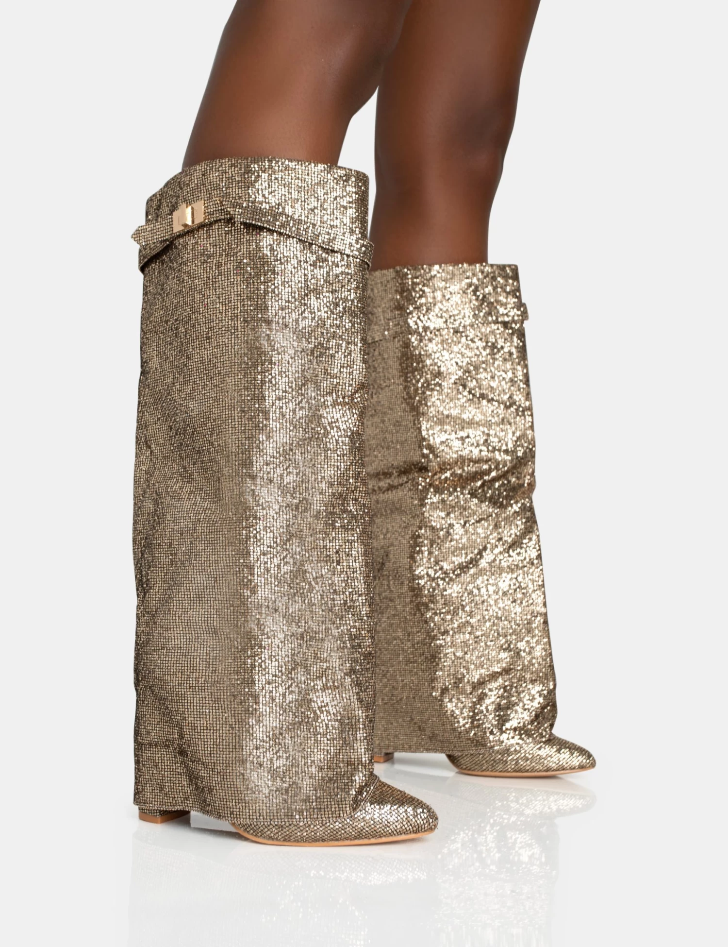Echo Gold Glitter Twist Lock Detail Fold Over Pointed Toe Knee High Boots 2 Echo Gold Glitter Twist Lock Detail Fold Over Pointed Toe Knee High Boots - Image 2
