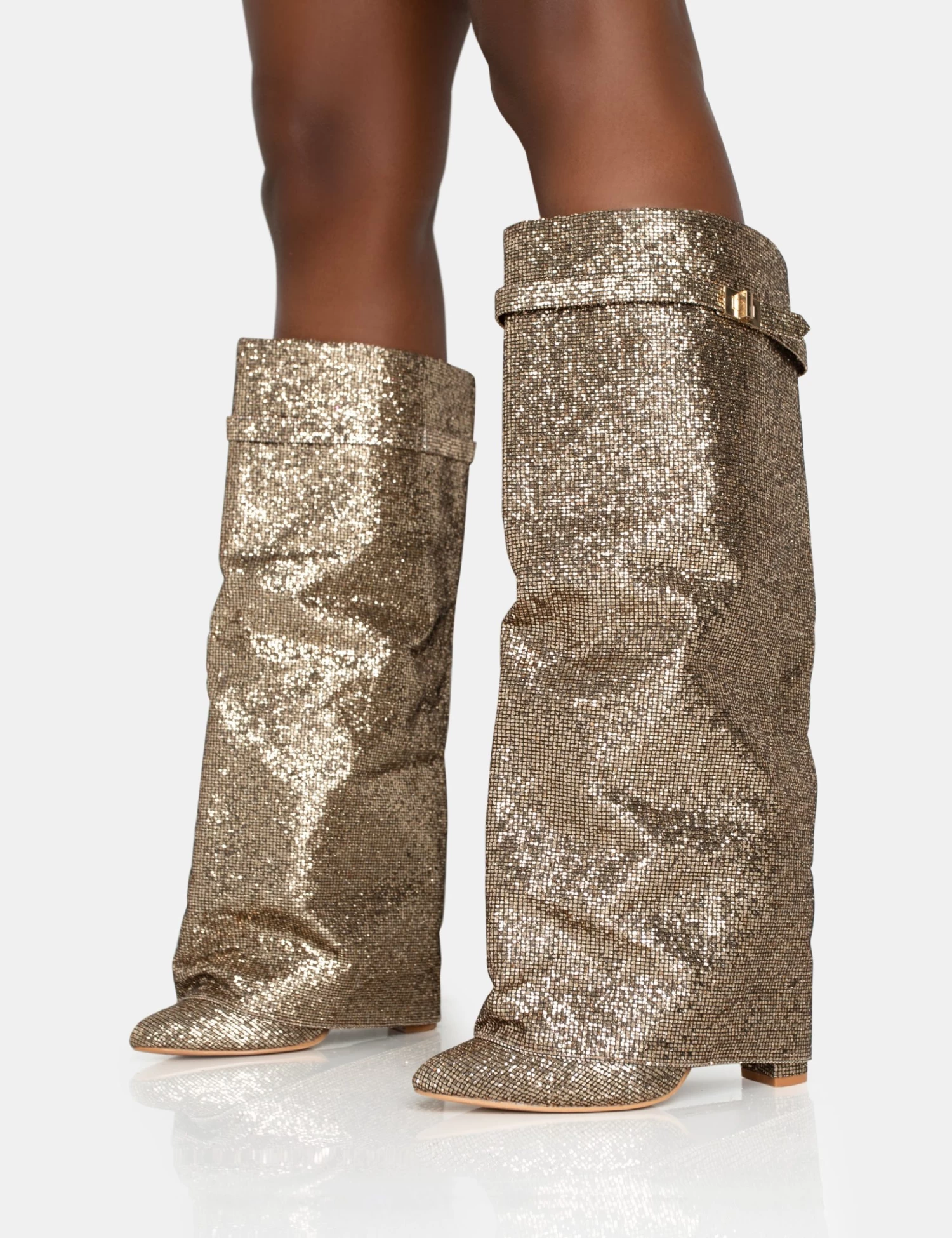 Echo Gold Glitter Twist Lock Detail Fold Over Pointed Toe Knee High Boots 3 Echo Gold Glitter Twist Lock Detail Fold Over Pointed Toe Knee High Boots - Image 3