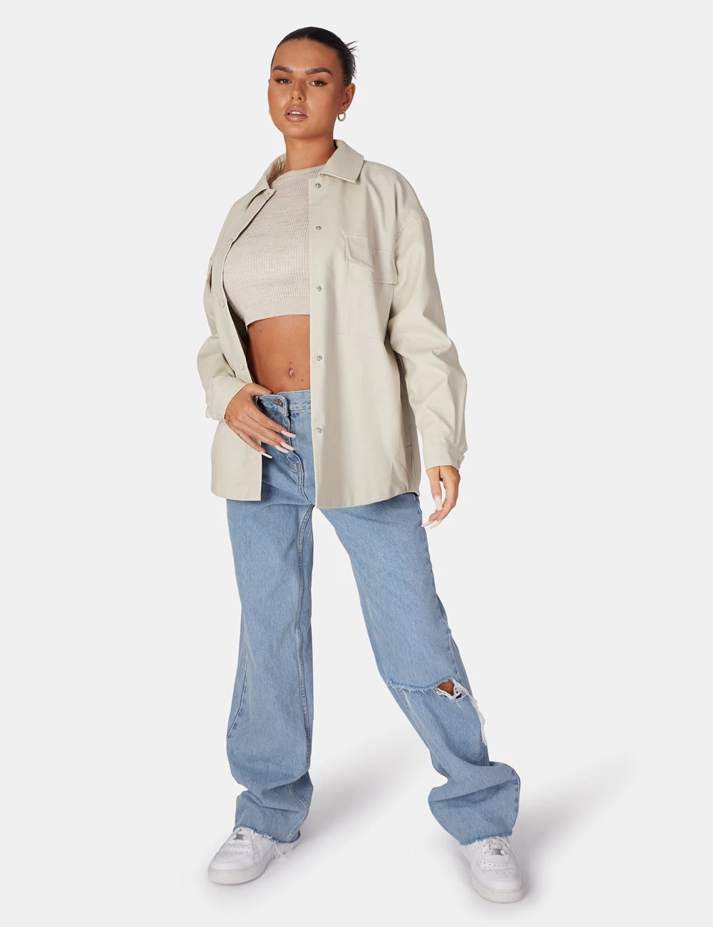 Vegan Leather Pocket Oversized Shacket Stone 3 Vegan Leather Pocket Oversized Shacket Stone - Image 3