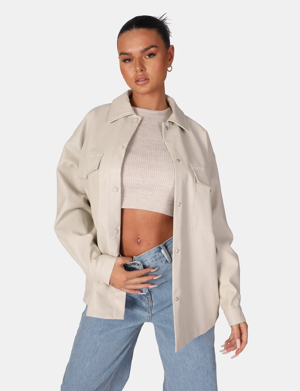 Vegan Leather Pocket Oversized Shacket Stone 1 Vegan Leather Pocket Oversized Shacket Stone