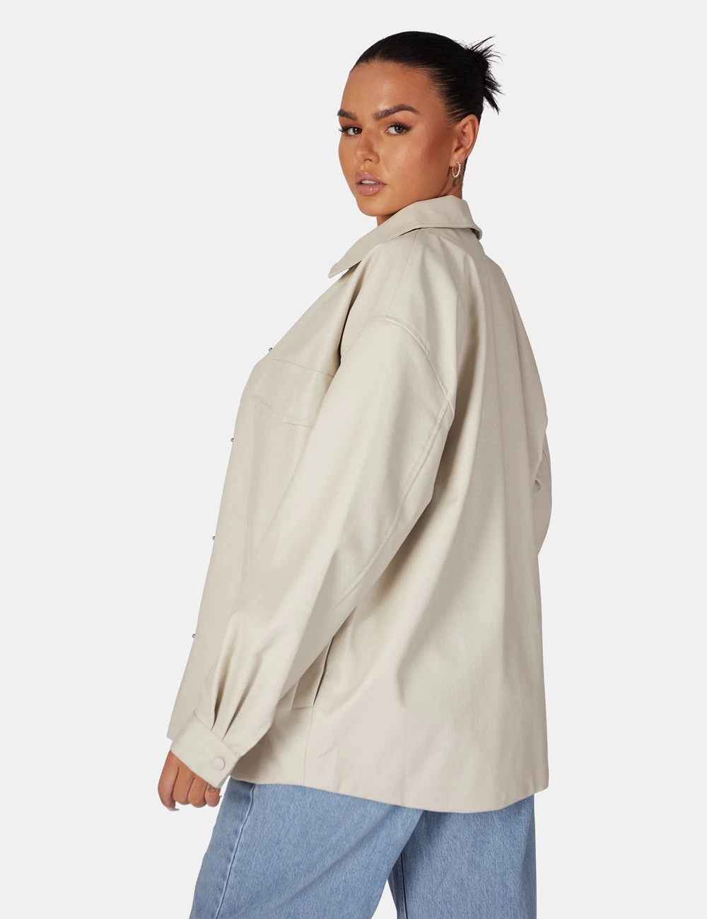 Vegan Leather Pocket Oversized Shacket Stone 4 Vegan Leather Pocket Oversized Shacket Stone - Image 4