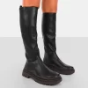 On Point Chocolate Black PU Chunky Sole Knee High Boots