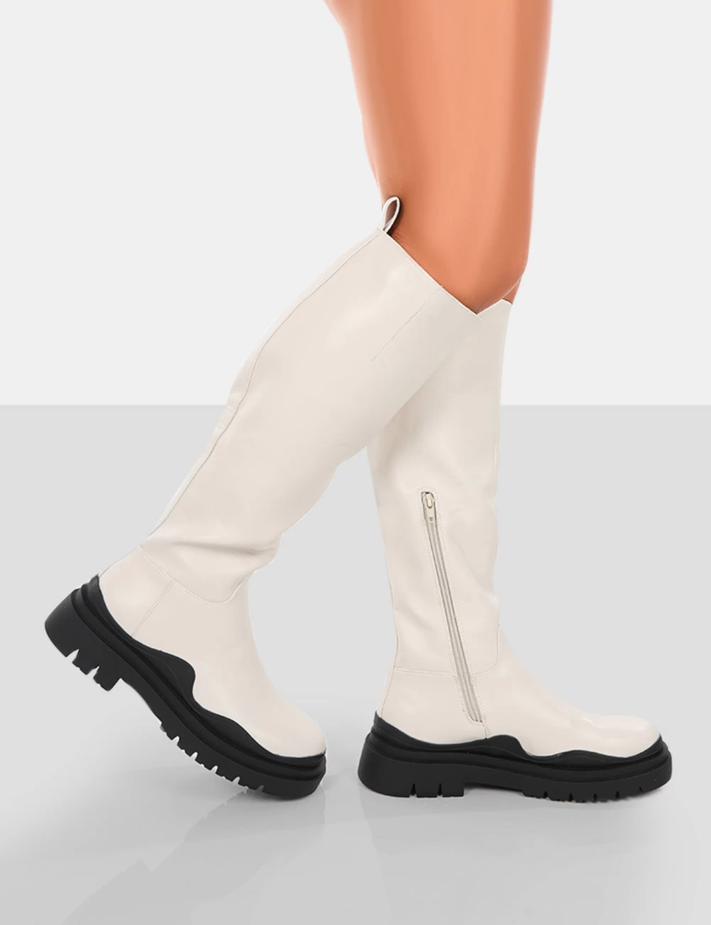 On Point Ecru Black PU Chunky Sole Knee High Boots 4 On Point Ecru Black PU Chunky Sole Knee High Boots - Image 4