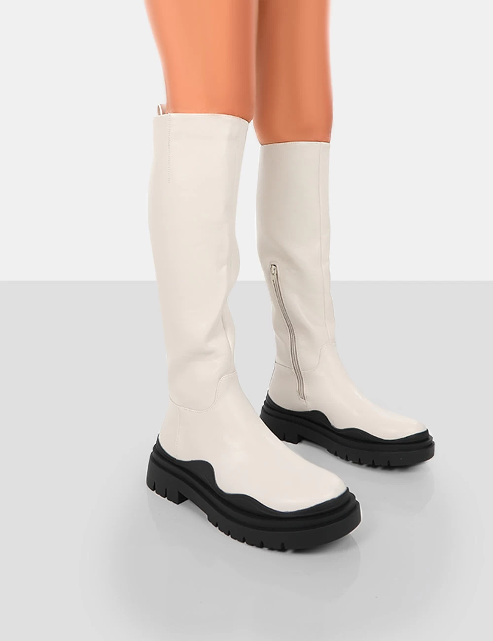 On Point Ecru Black PU Chunky Sole Knee High Boots 1 On Point Ecru Black PU Chunky Sole Knee High Boots