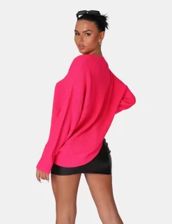 Oversized Knitted Crew Neck Jumper Pink -Chic Step Shop 771A63441