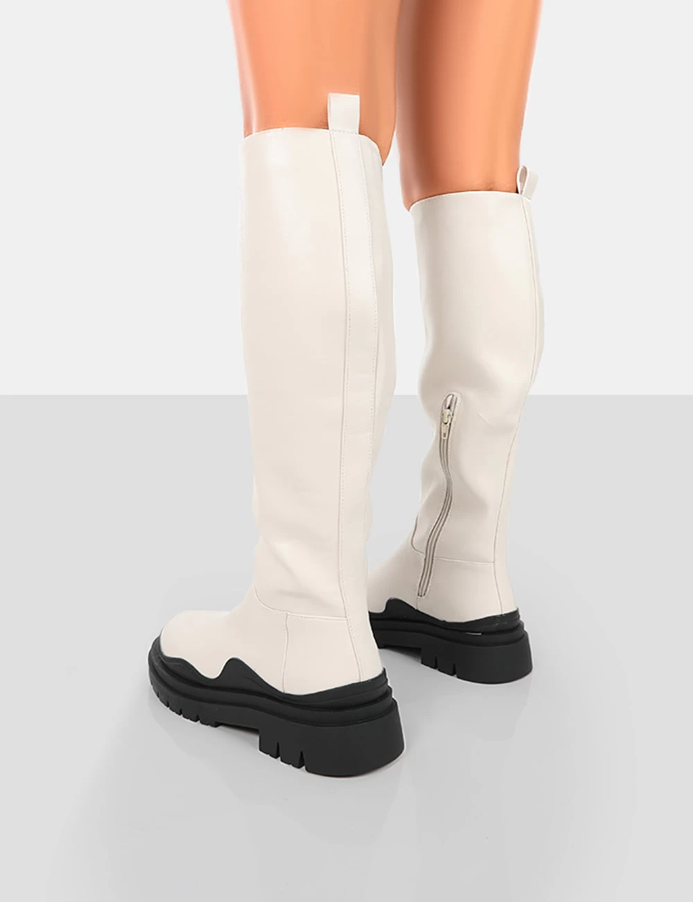 On Point Ecru Black PU Chunky Sole Knee High Boots 2 On Point Ecru Black PU Chunky Sole Knee High Boots - Image 2