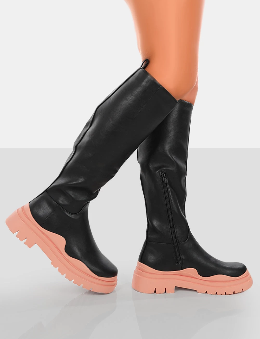 On Point Pink Black PU Chunky Sole Knee High Boots 3 On Point Pink Black PU Chunky Sole Knee High Boots - Image 3