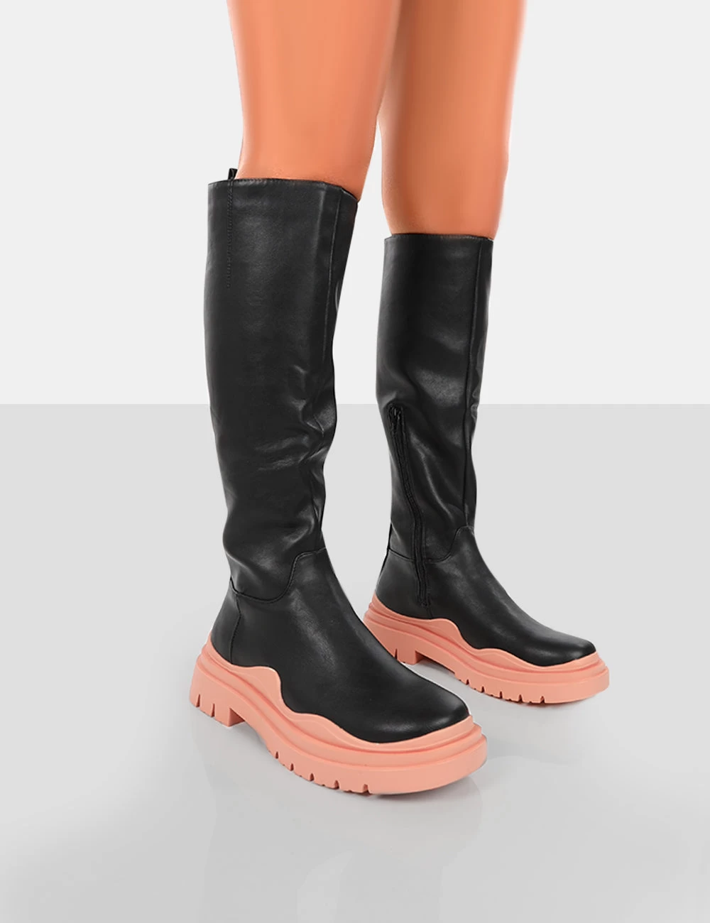 On Point Pink Black PU Chunky Sole Knee High Boots 1 On Point Pink Black PU Chunky Sole Knee High Boots