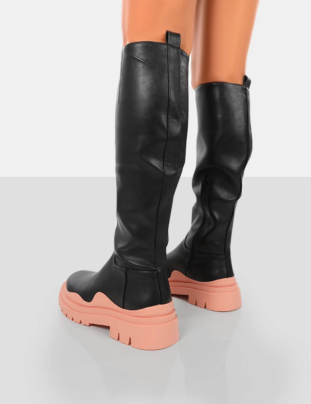 On Point Pink Black PU Chunky Sole Knee High Boots 2 On Point Pink Black PU Chunky Sole Knee High Boots - Image 2