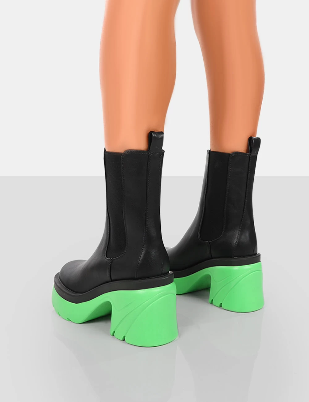Step Up Black Green PU Platform Chunky Sole Heeled Ankle Boots 2 Step Up Black Green PU Platform Chunky Sole Heeled Ankle Boots - Image 2