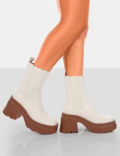 Step Up Ecru Brown PU Platform Chunky Sole Heeled Ankle Boots -Chic Step Shop 771A6358copy