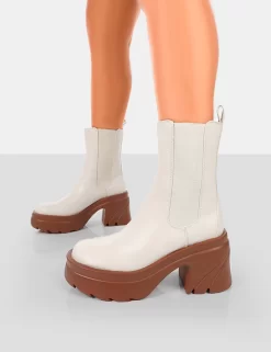 Step Up Ecru Brown PU Platform Chunky Sole Heeled Ankle Boots -Chic Step Shop 771A6361