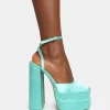 Moonchild Turquoise Satin Closed Toe Statement Platform Block Heels