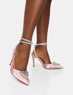 Cupid Baby Pink Satin Diamante Wrap Around Pointed Court Stiletto Heels
