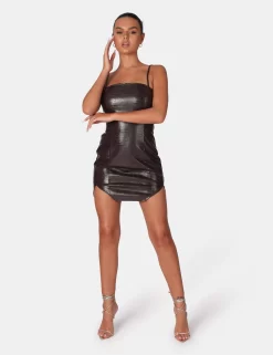 Square Neck Croc Hem Cut Out Mini Dress Chocolate -Chic Step Shop 771A67701