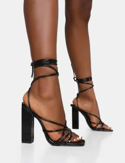 Nyla Black Patent Strappy Lace Up Square Toe Block Heels