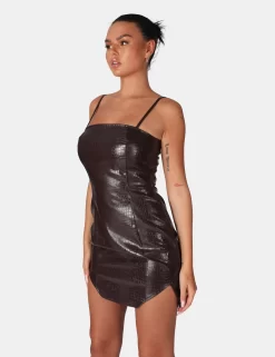 Square Neck Croc Hem Cut Out Mini Dress Chocolate -Chic Step Shop 771A6788