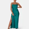 Split Hem Cowl Neck Cross Back Maxi Dress Emerald Green