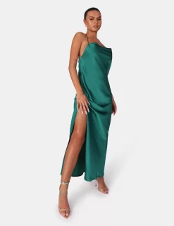 Split Hem Cowl Neck Cross Back Maxi Dress Emerald Green -Chic Step Shop 771A68191