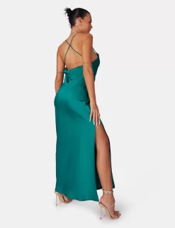 Split Hem Cowl Neck Cross Back Maxi Dress Emerald Green -Chic Step Shop 771A68281