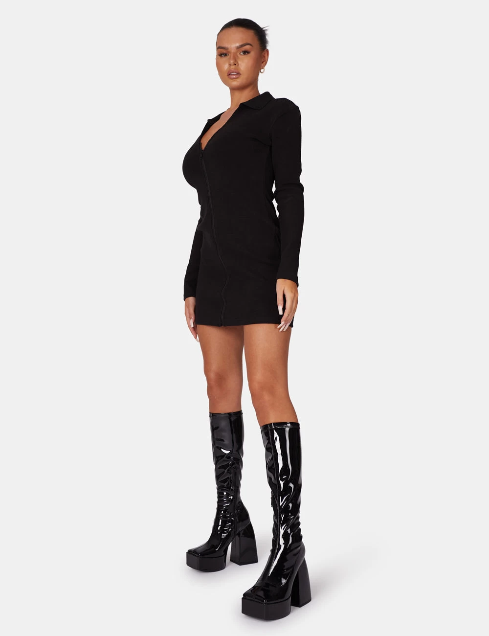 Zip Through Collared Mini Dress Black 3 Zip Through Collared Mini Dress Black - Image 3