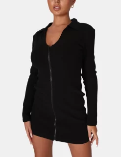 Zip Through Collared Mini Dress Black 11 Zip Through Collared Mini Dress Black -Chic Step Shop 771A69201
