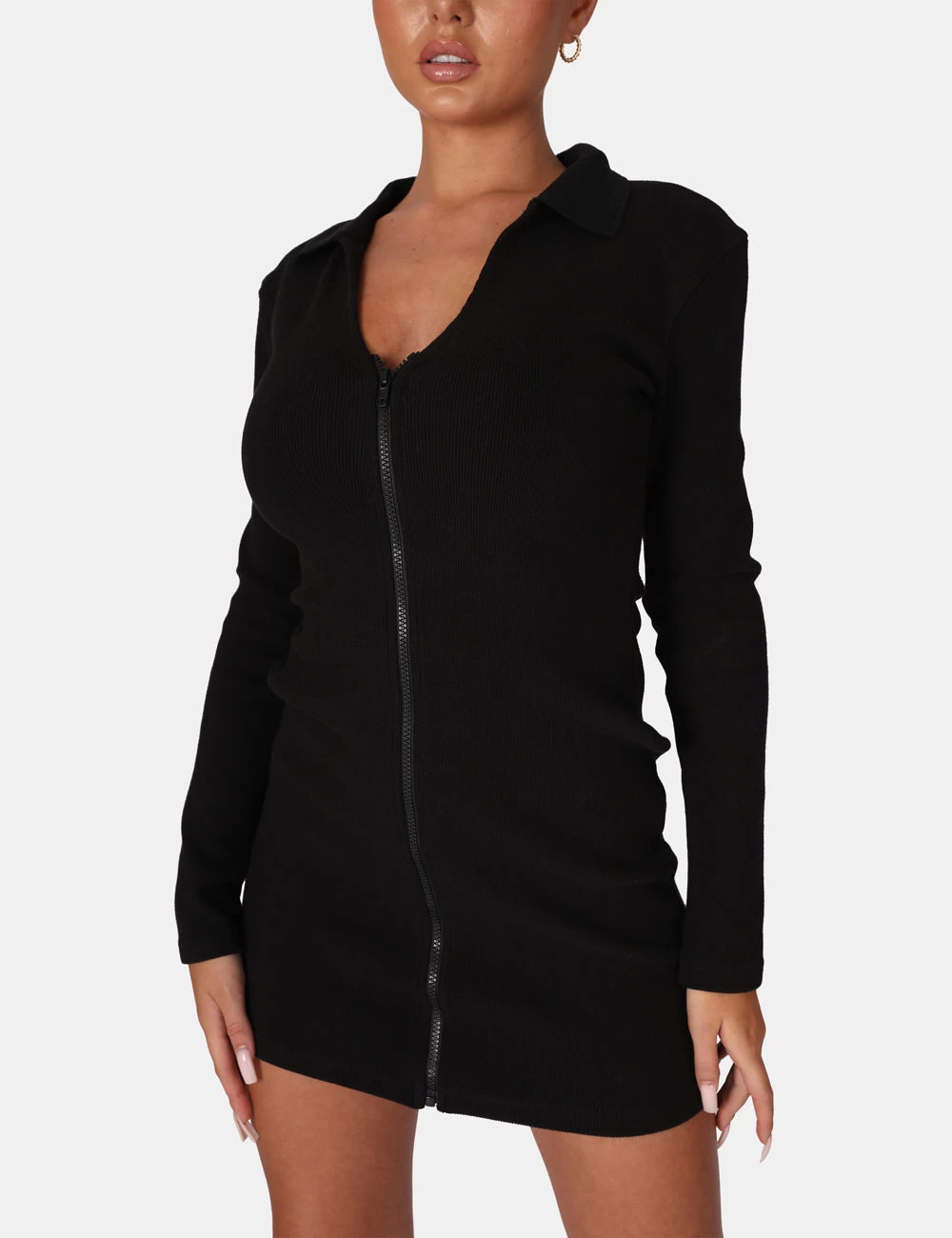 Zip Through Collared Mini Dress Black 6 Zip Through Collared Mini Dress Black - Image 6