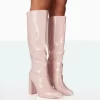Posie Baby Pink Croc PU Knee High Block Heel Boots
