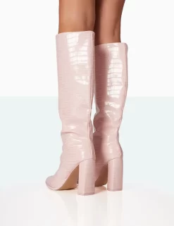 Posie Baby Pink Croc PU Knee High Block Heel Boots -Chic Step Shop 771A7019