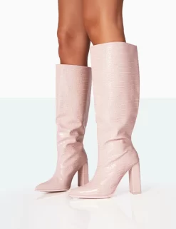 Posie Baby Pink Croc PU Knee High Block Heel Boots -Chic Step Shop 771A7020 79ea3cb7 db4a 46a4 ad06 f1920793854c