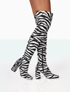 Meridian Zebra Grain PU Block Heel Over The Knee High Boots