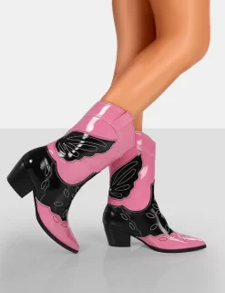 Howdy Pink Patent Pointed Toe Western Cowboy Block Ankle Boots -Chic Step Shop 771A7721